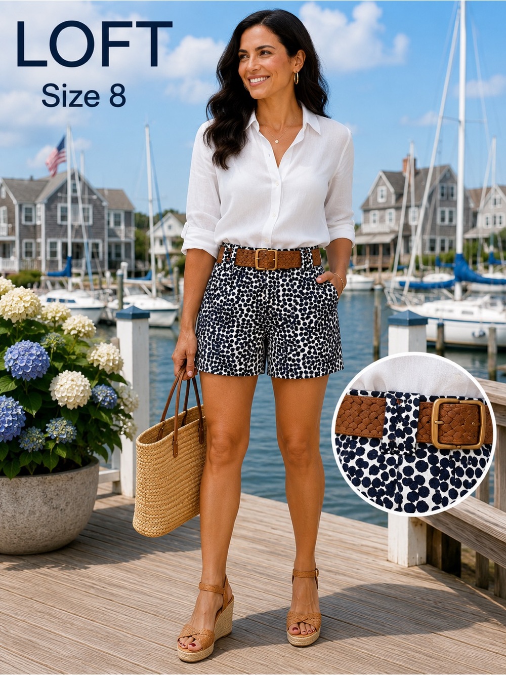 LOFT Navy White Print Shorts Size 8 Wide Belt Loops Tailored Cotton Stretch
